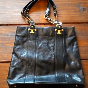 Tory Burch Black leather tote with gold accents